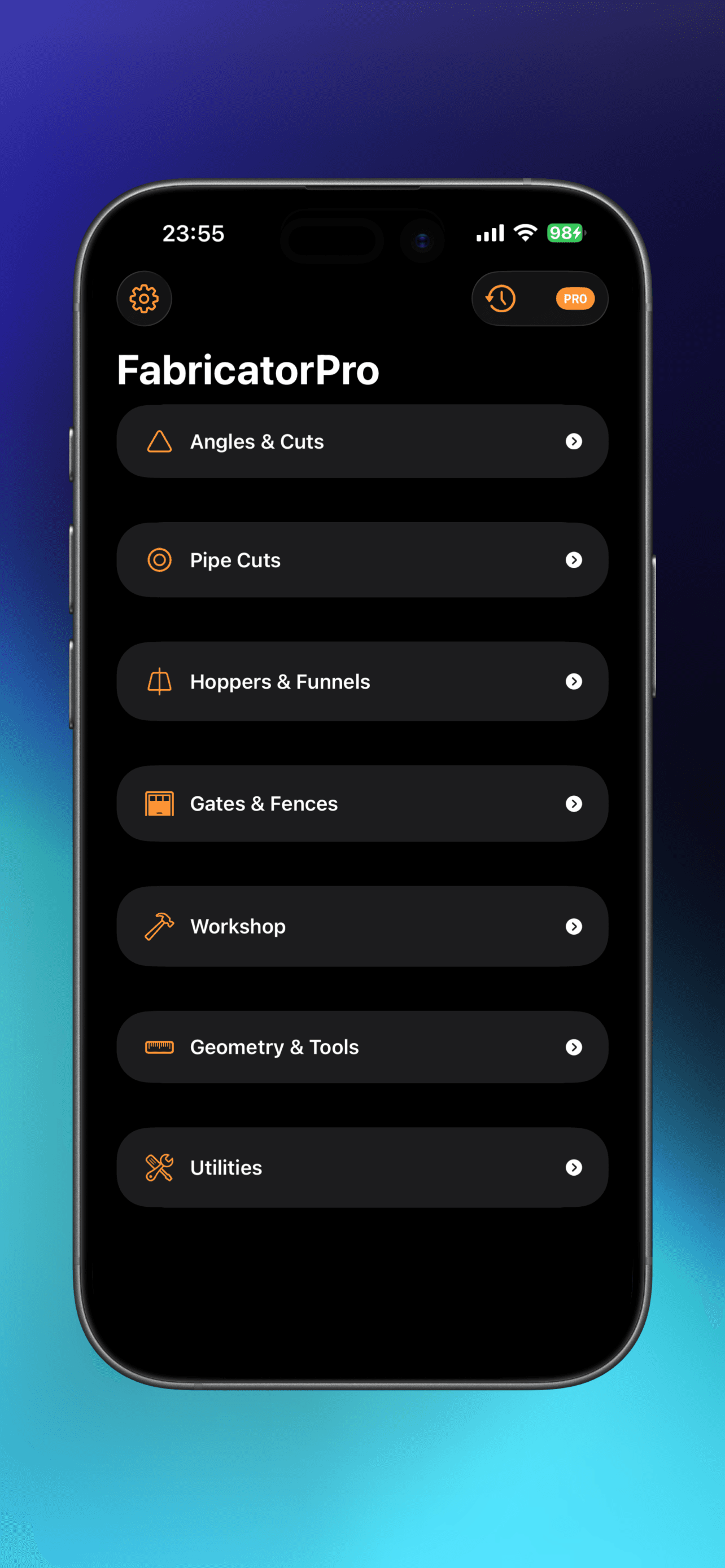 FabricatorPro home screen with all tool categories