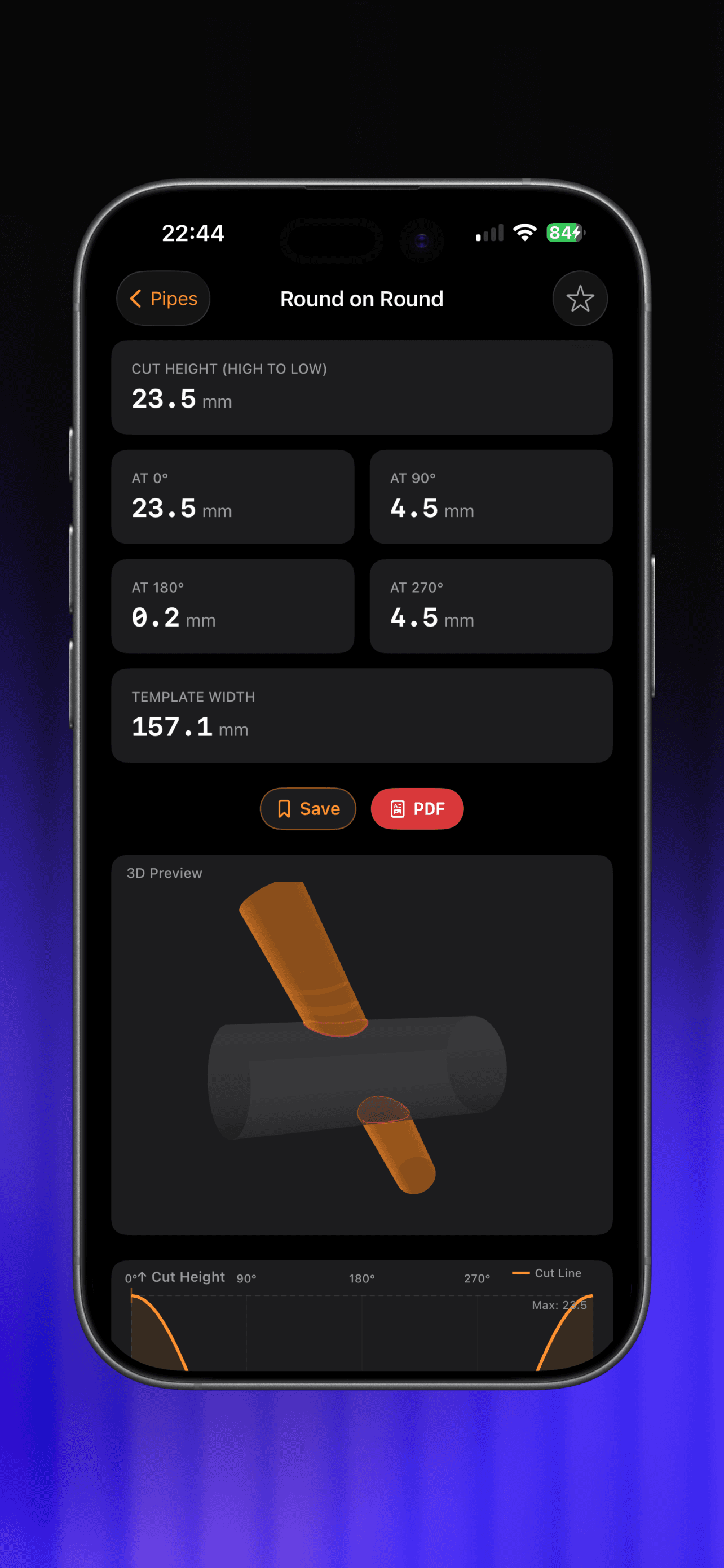 FabricatorPro round-on-round saddle joint calculator