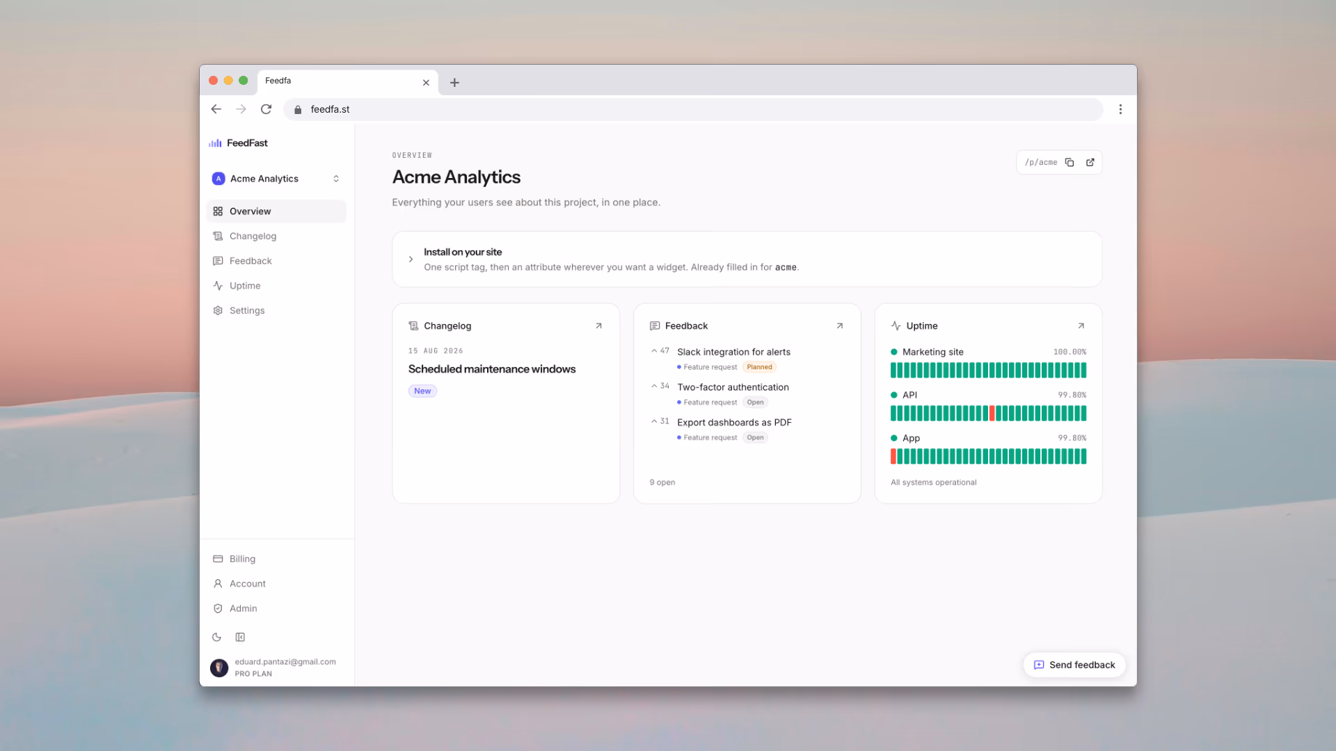 The FeedFast dashboard open in a browser, showing a project overview with changelog, feedback and uptime cards side by side.