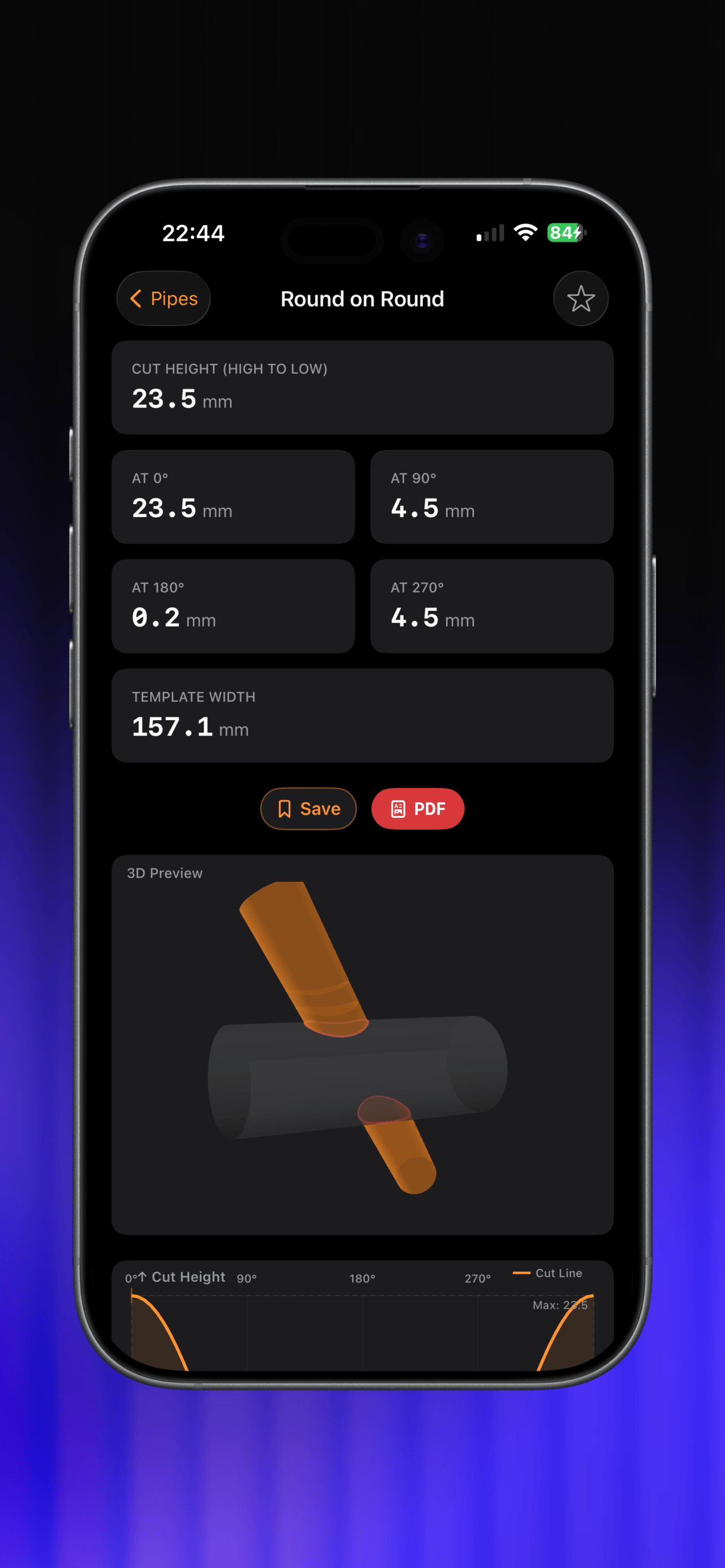 FabricatorPro round-on-round saddle joint calculator