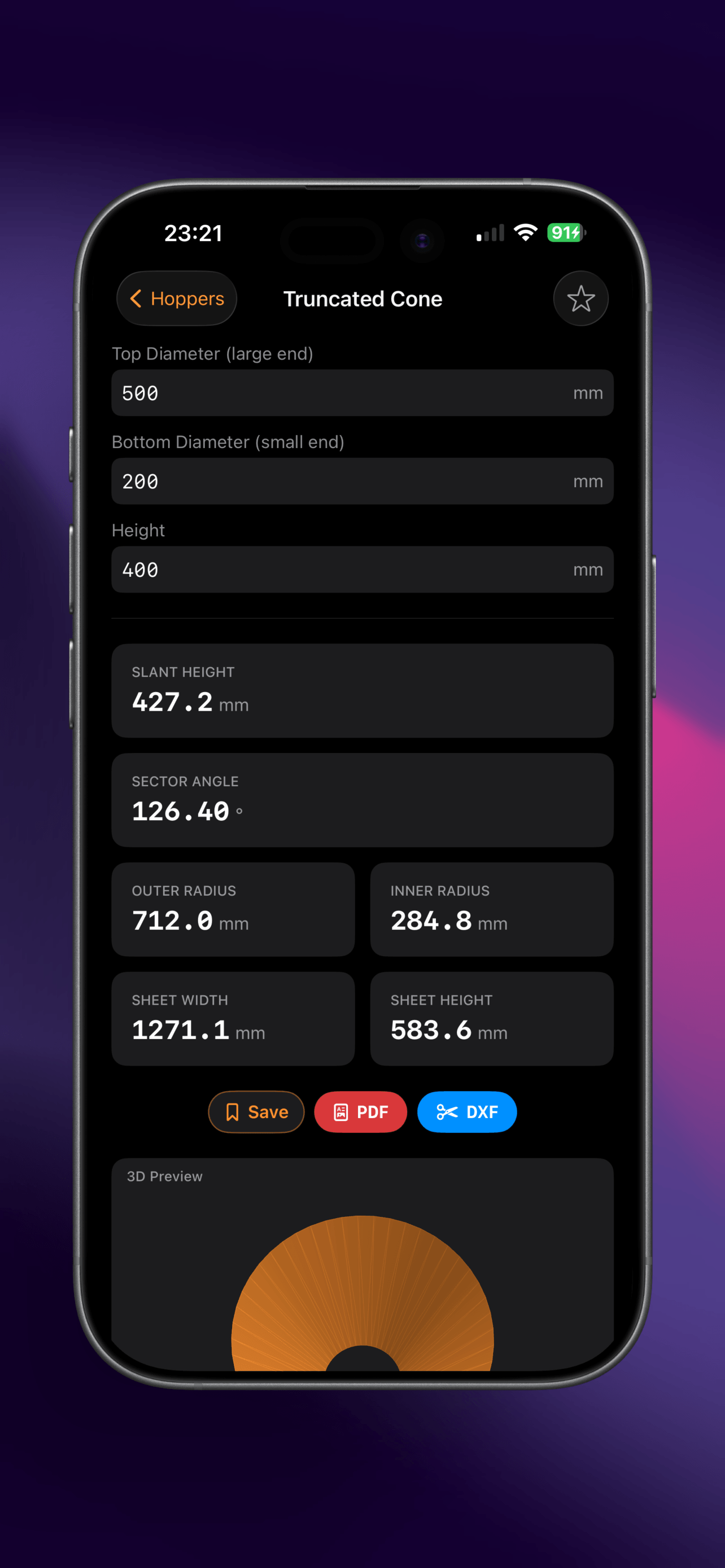 FabricatorPro truncated cone flat pattern calculator