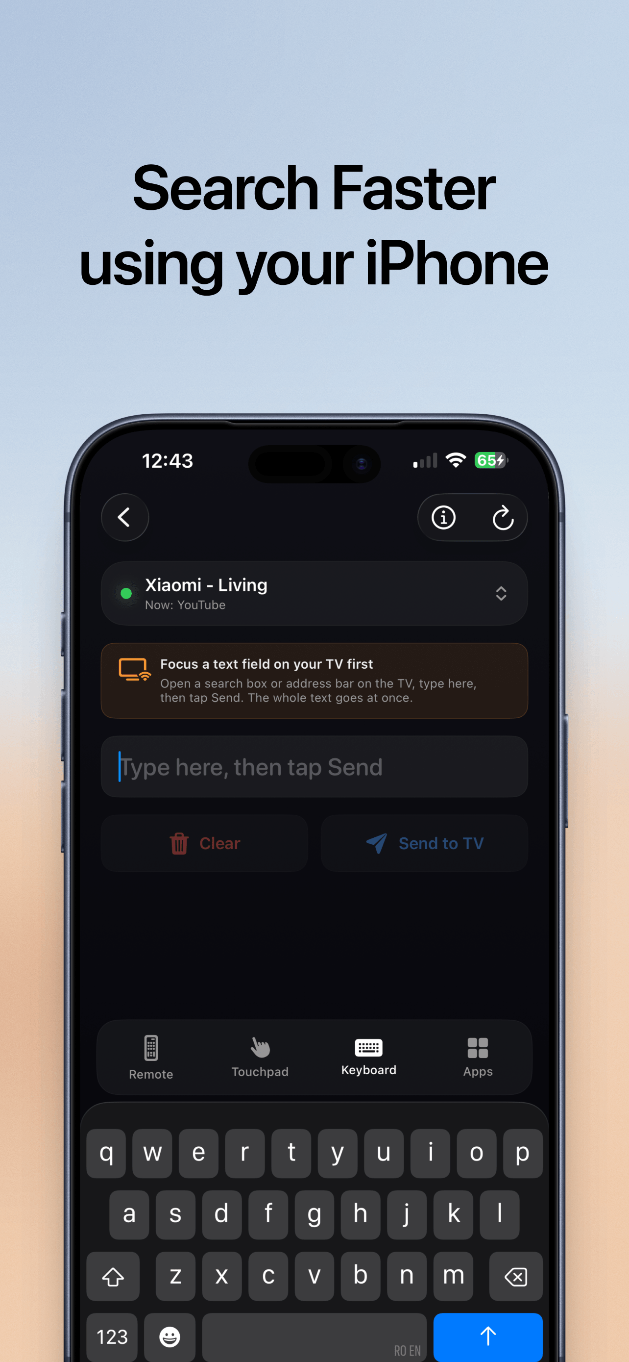Typing a search into Remoto on the iPhone keyboard and sending the whole line to the TV at once