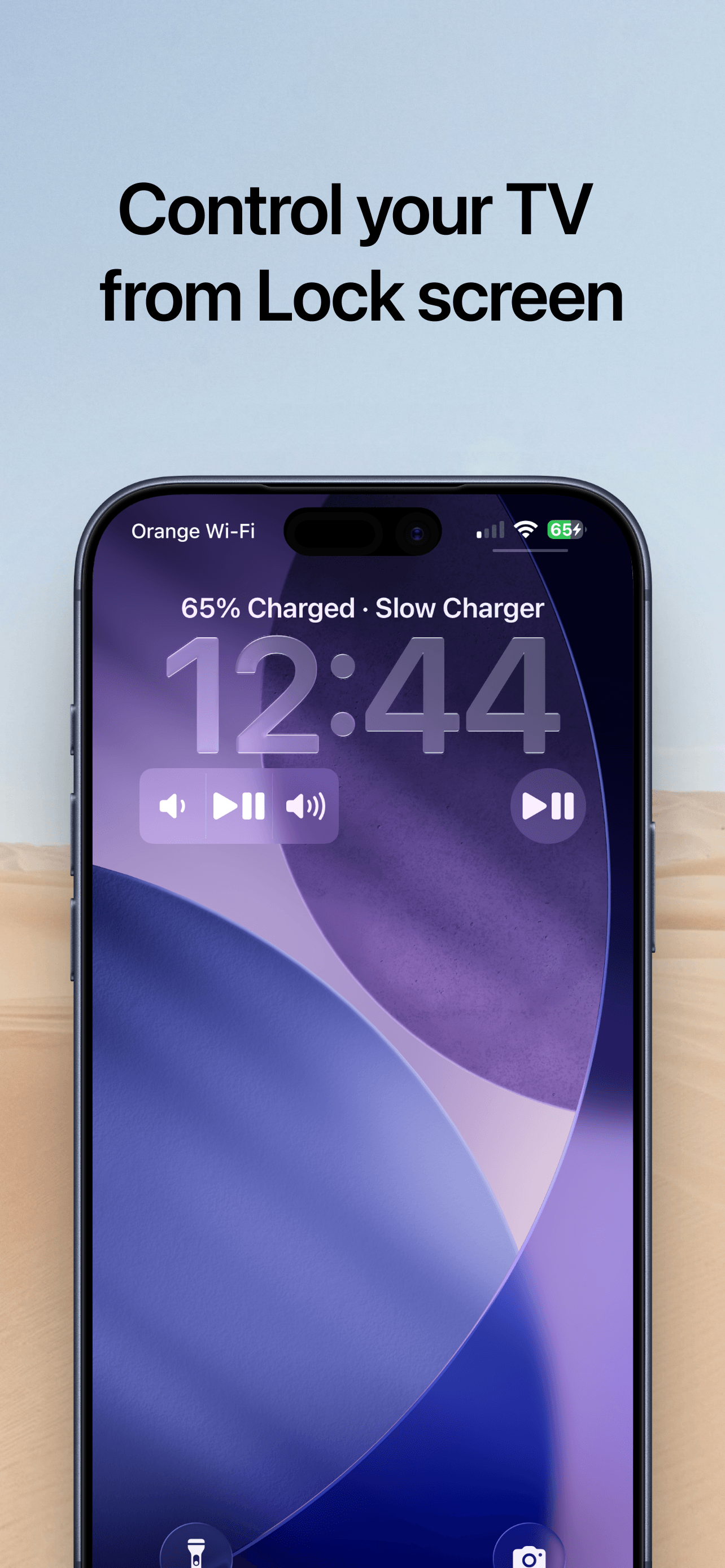 An iPhone lock screen with Remoto's playback and volume controls available without unlocking