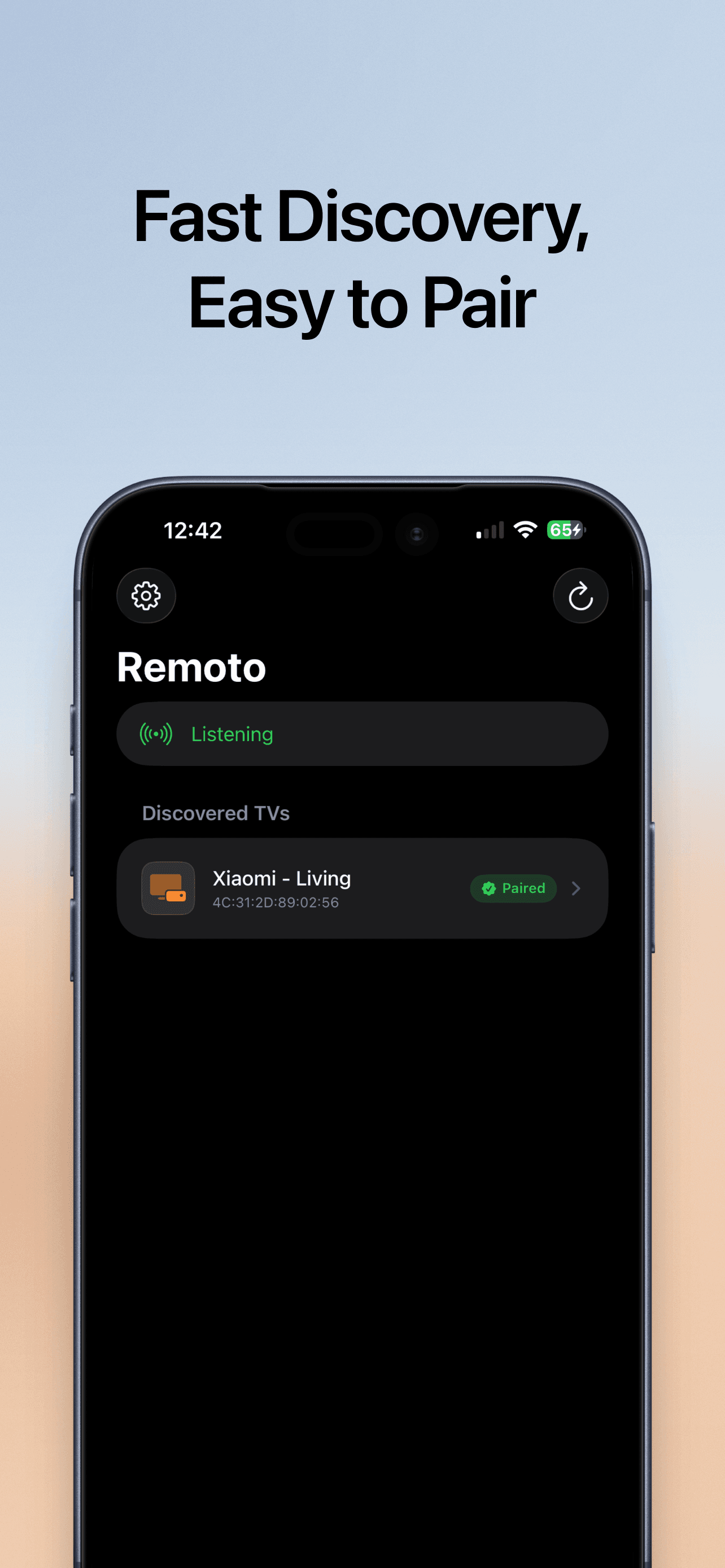 Remoto listening for nearby TVs, with a Xiaomi box discovered and already paired