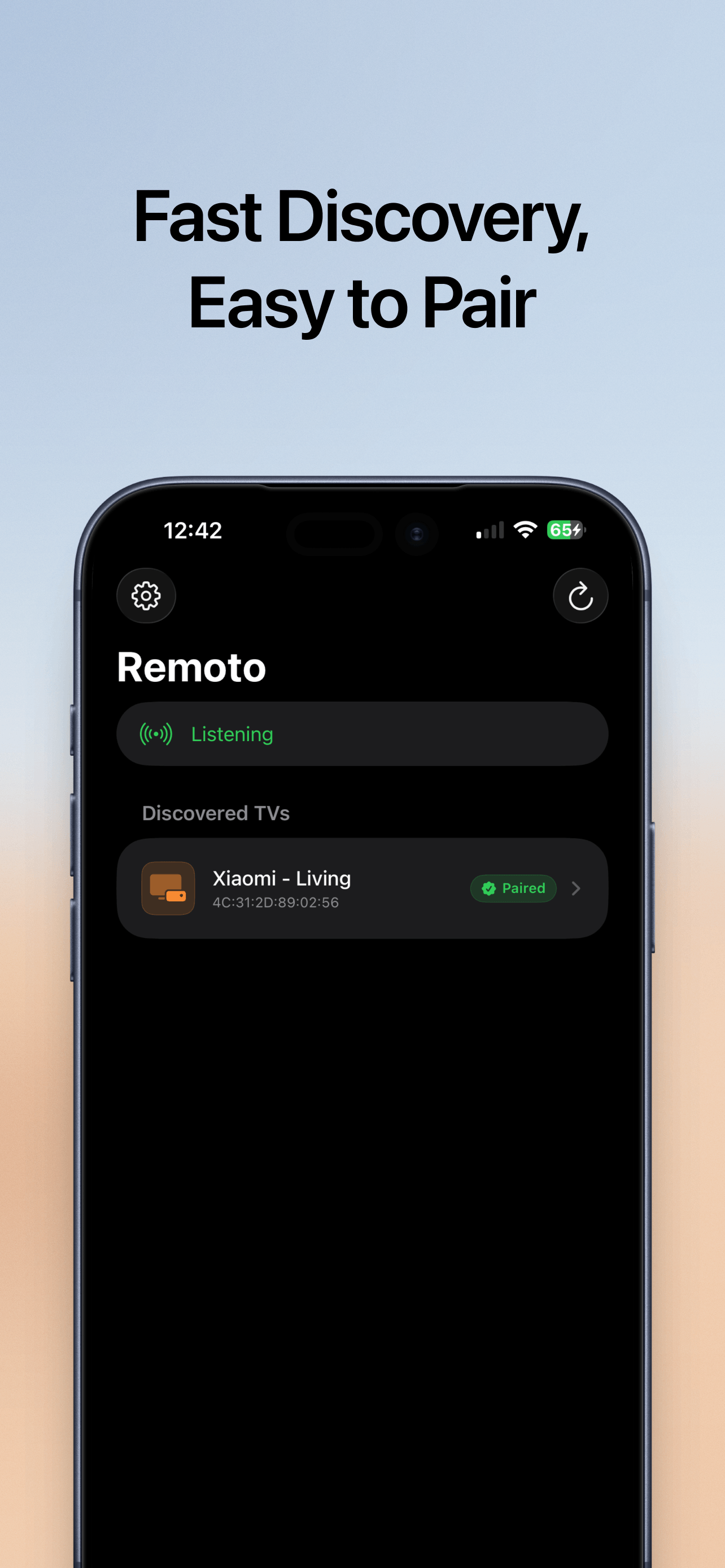 Remoto listening for nearby TVs, with a Xiaomi box discovered and already paired