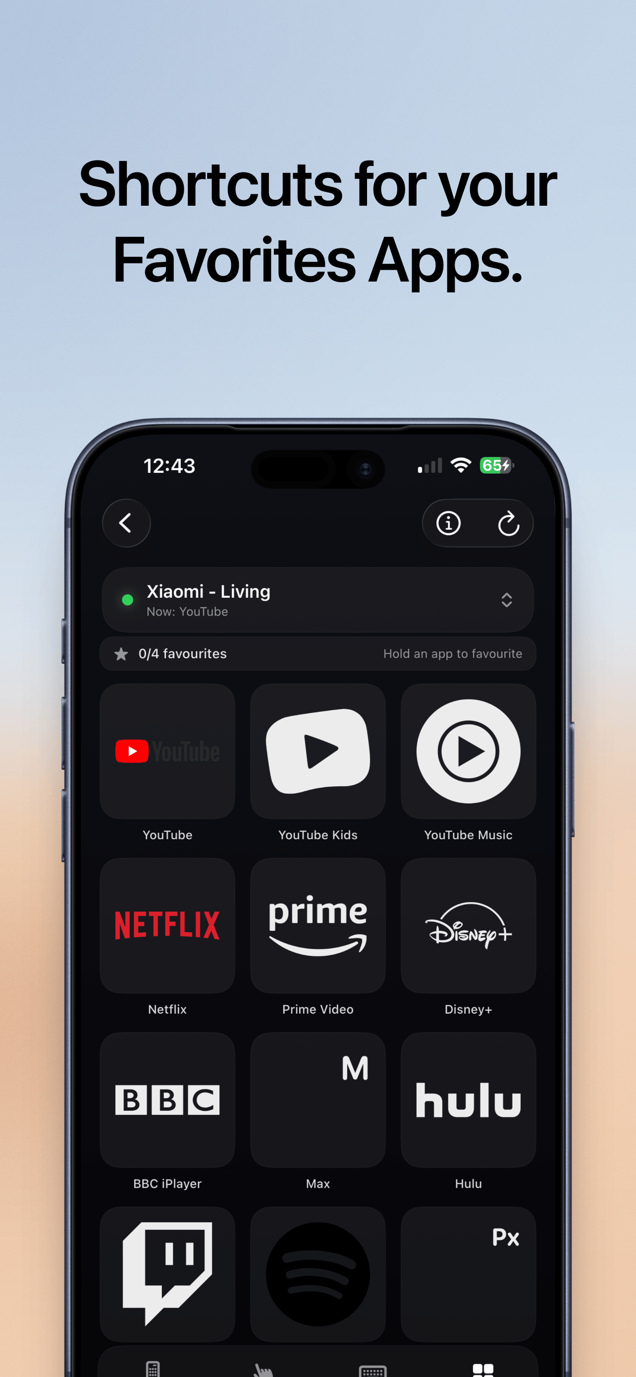 Remoto's shortcut grid of favourite TV apps, including YouTube, Netflix, Prime Video, Disney+, Max, Hulu and Spotify